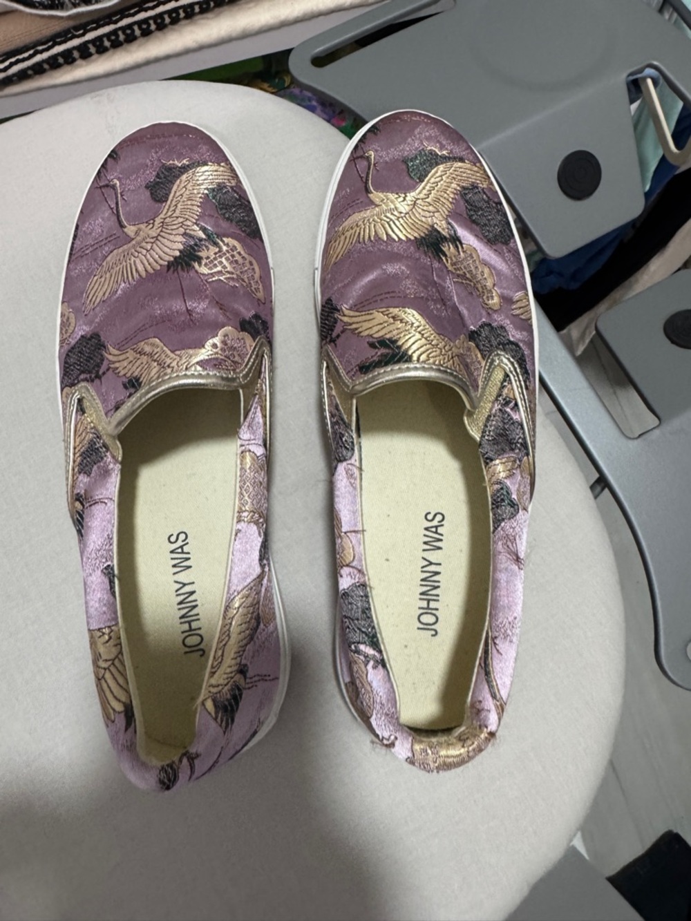 Johnny Was Lavender Satin Slip-On Flats with Gold Crane Embroidery
